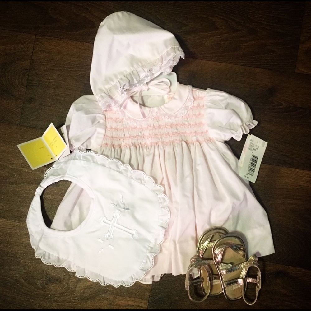 Pale Pink Newborn Dress, Bib, and Bonnet